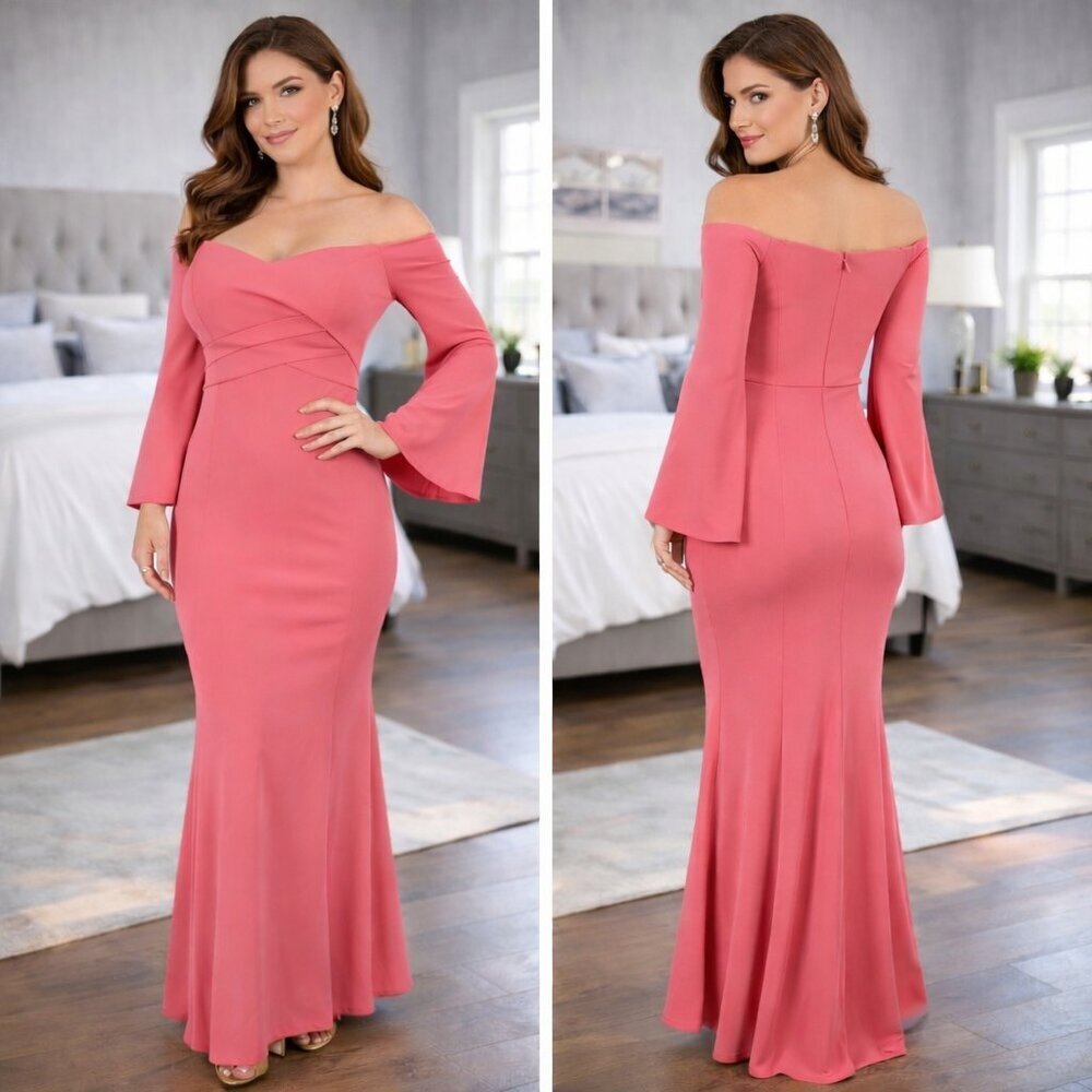 Badgley Mischka Off Shoulder Pink Flare Sleeve Evening Gown $695